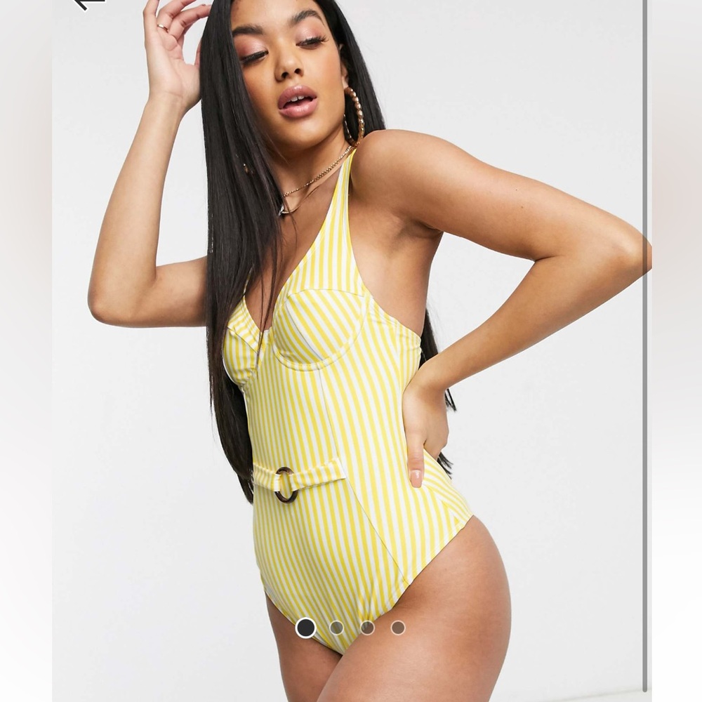 Playful promises yellow stripe ring belt detail one piece high leg swimsuit